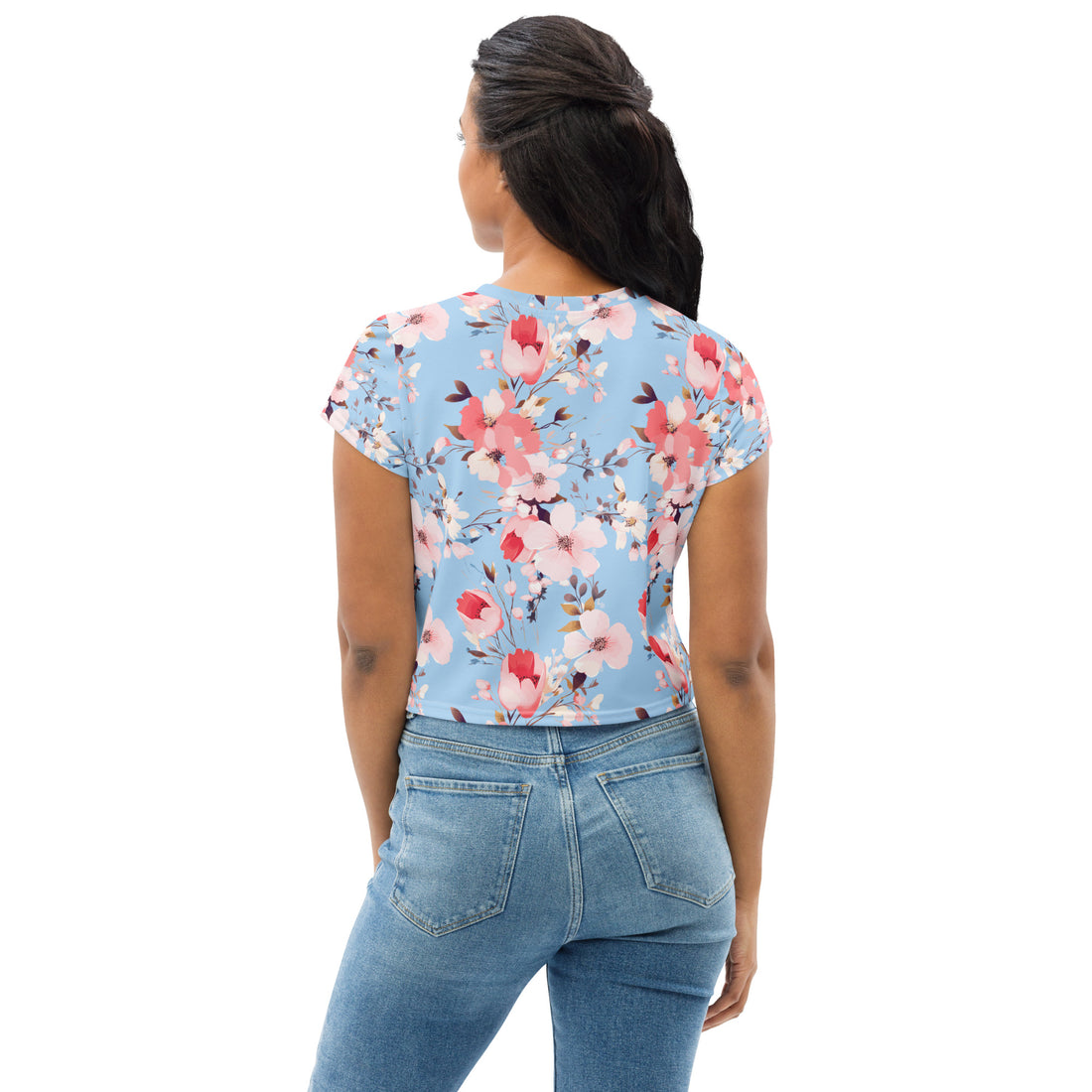 Cherry Blossom design on a sky-blue crop tee with pink and red blossoms, featuring a floral pattern perfect for winter fashion.