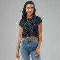 Crop tee featuring stylish abstract lines design in black and blue colors.