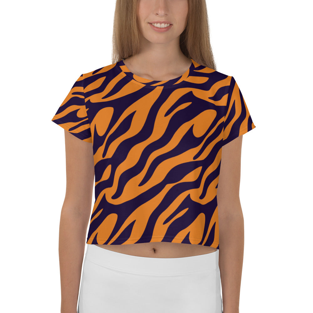 Vibrant orange and purple tiger print crop tee for women, stylish design.