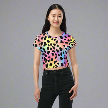 Vibrant leopard print crop tee in pastel colors, perfect for stylish women.