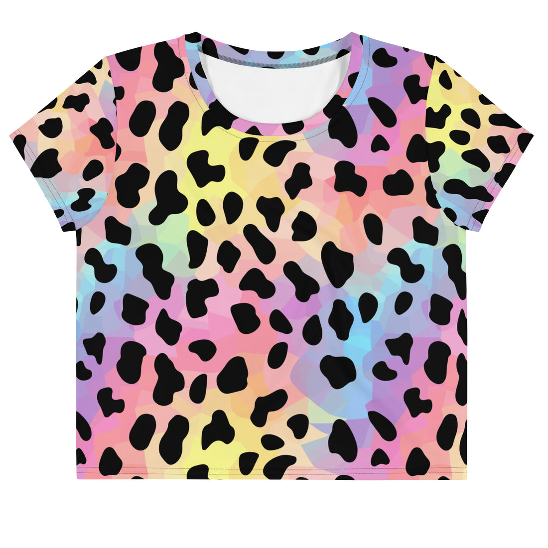 Vibrant leopard print crop tee in pastel colors, perfect for stylish women.