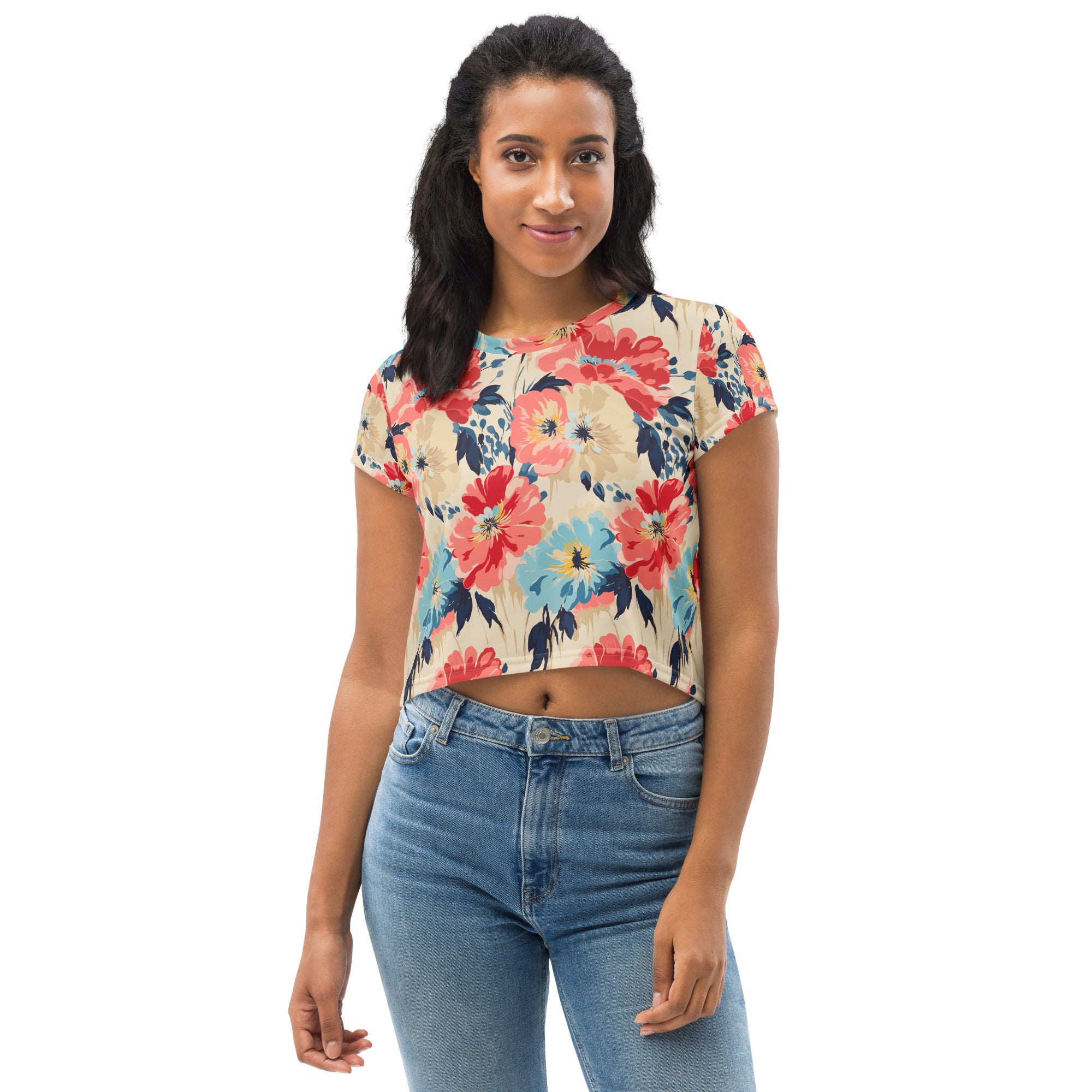 Eco-friendly floral print crop tee featuring vibrant red and blue flowers on a beige background, perfect for winter fashion.