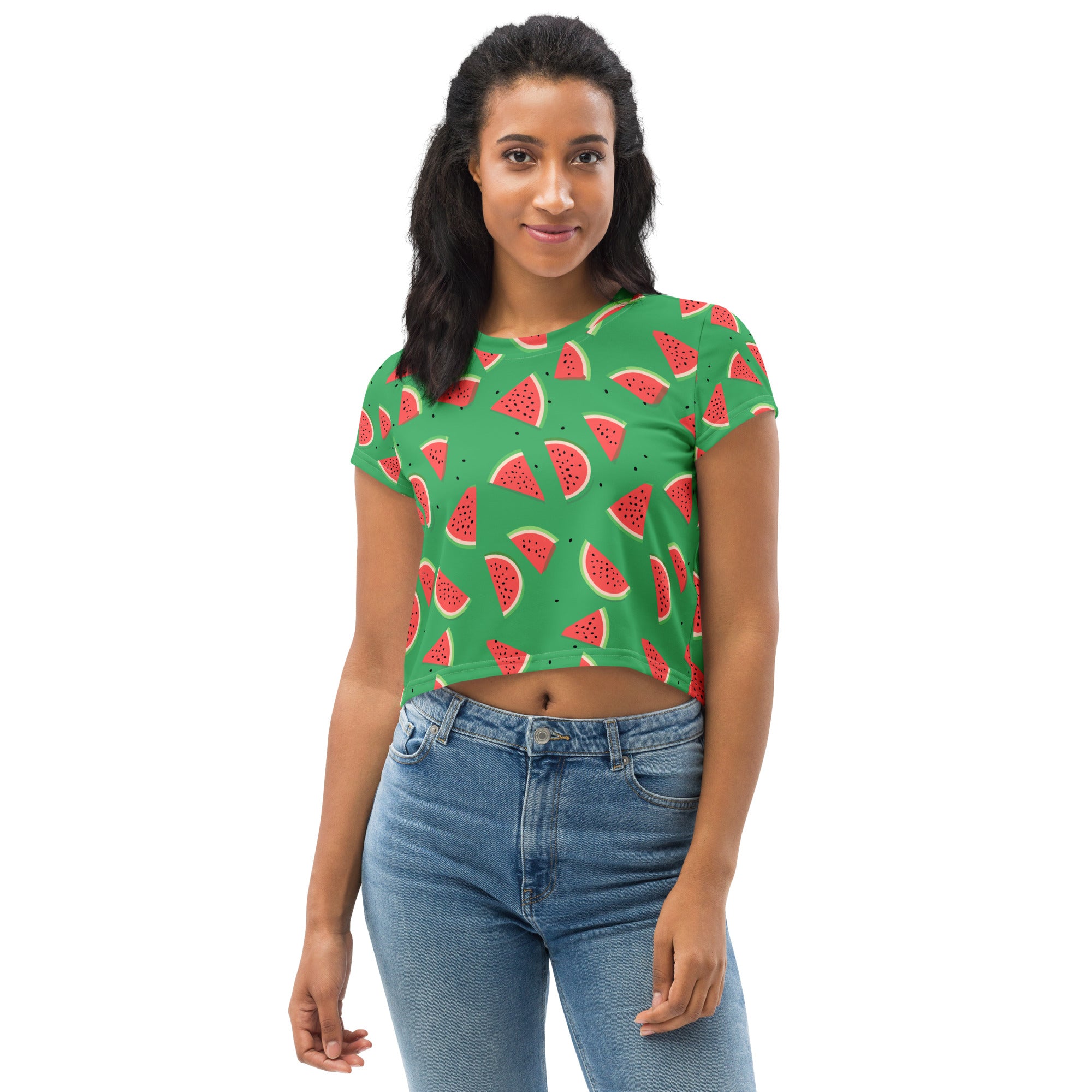 Crop tee with fun watermelon print on a vibrant green background, perfect for summer style