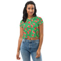 Crop tee with fun watermelon print on a vibrant green background, perfect for summer style