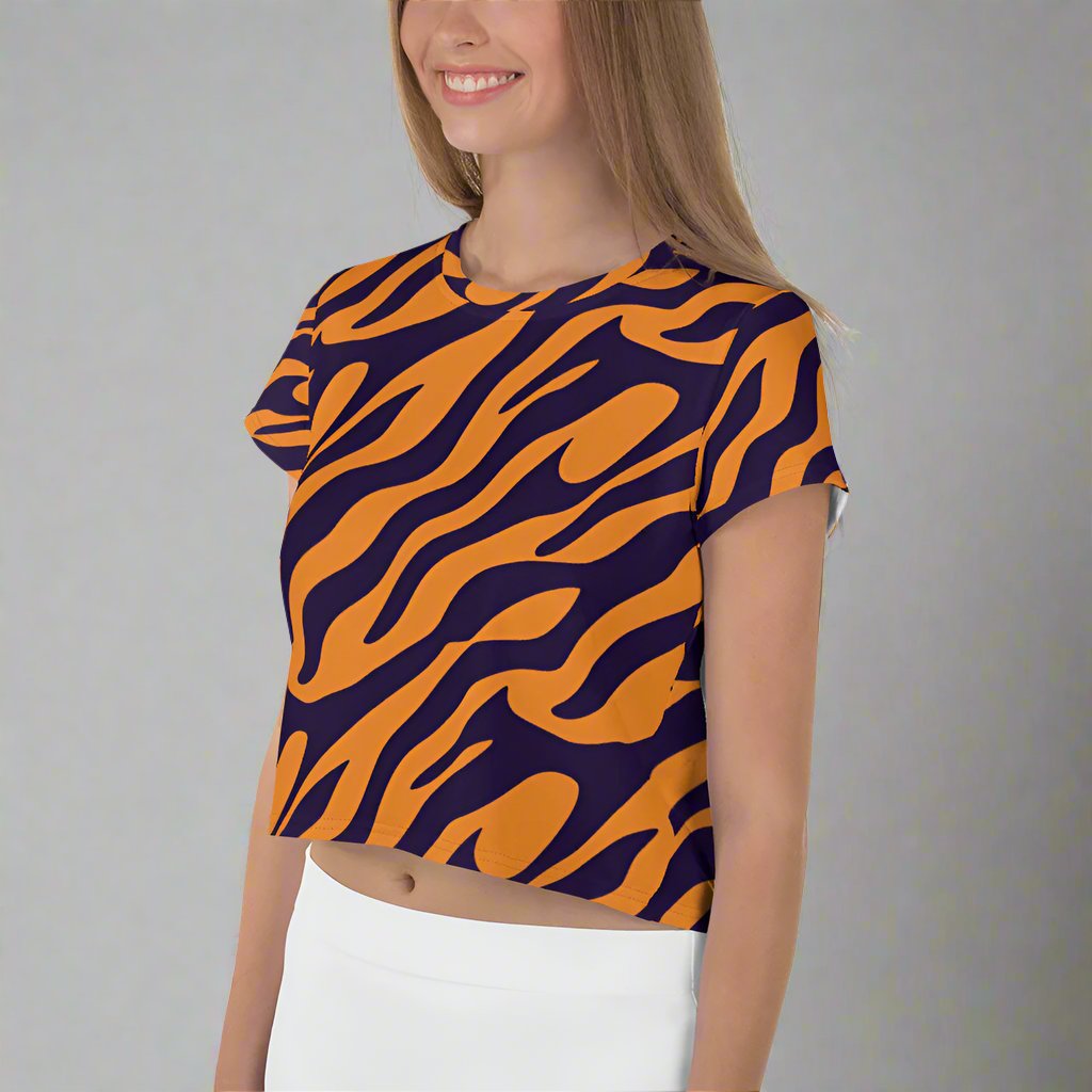 Stylish Tiger Print Crop Tee - Vibrant Orange & Purple Design