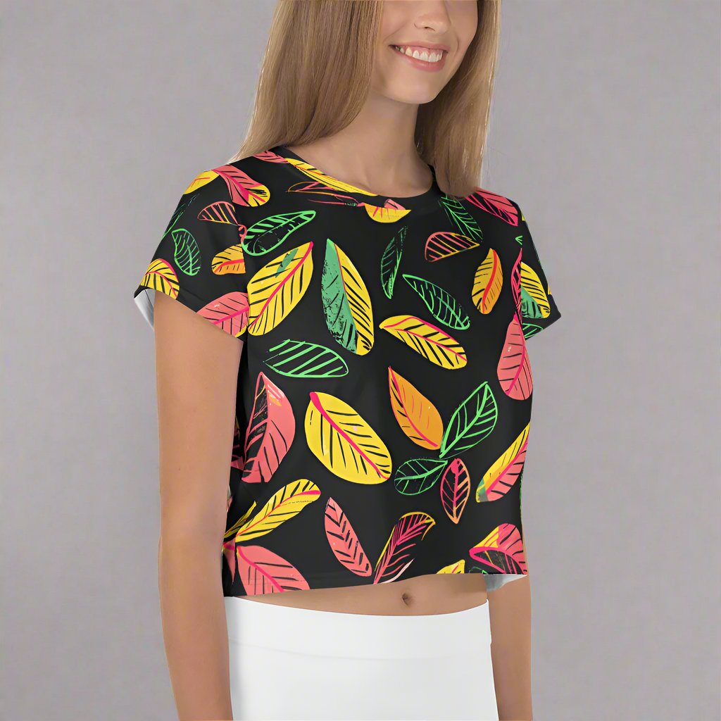 Vibrant Leaf Print Crop Tee for Women