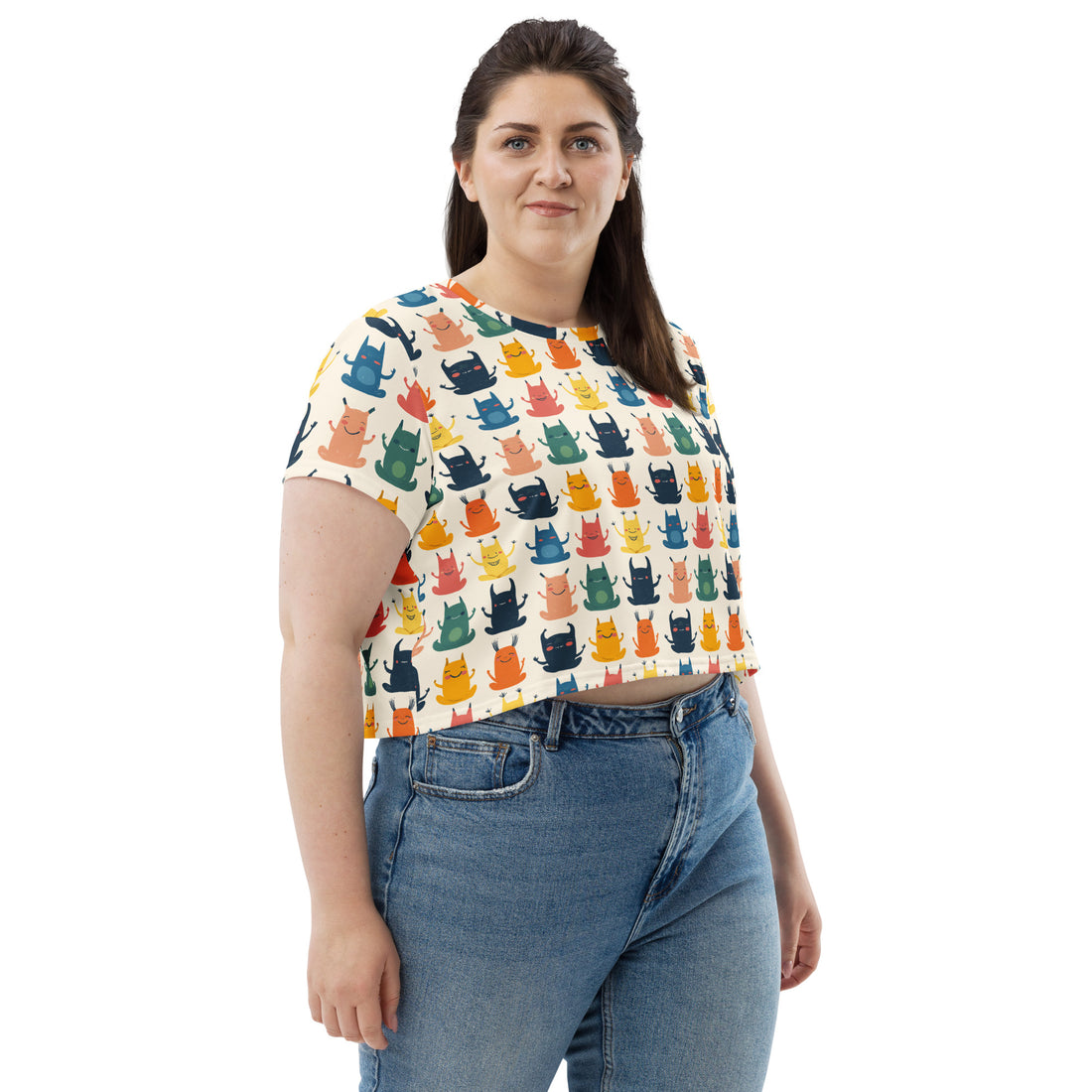 Halloween-themed all-over print crop tee for women with colorful spooky characters.