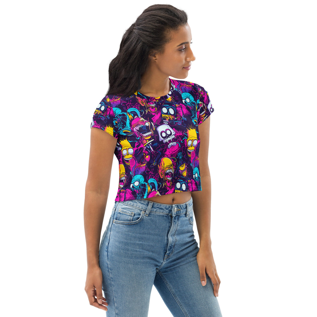 Halloween-themed crop tee featuring colorful ghost graphics on a black background, women modeling in casual outfit.