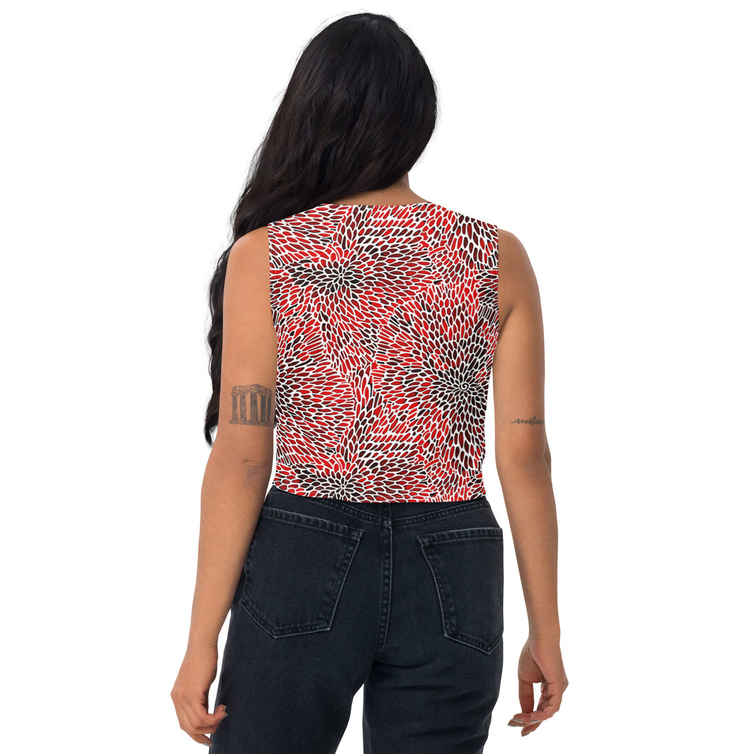 Bold floral printed crop top in red and black, featuring a stylish body-hugging design.