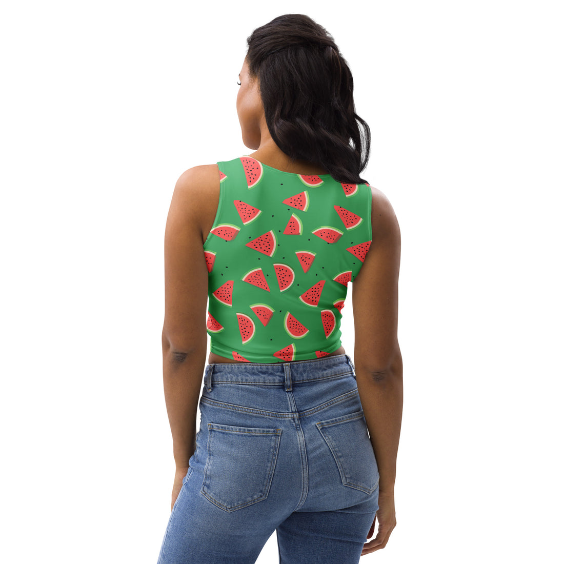 Woman wearing green crop top with vibrant watermelon print, body-hugging fit