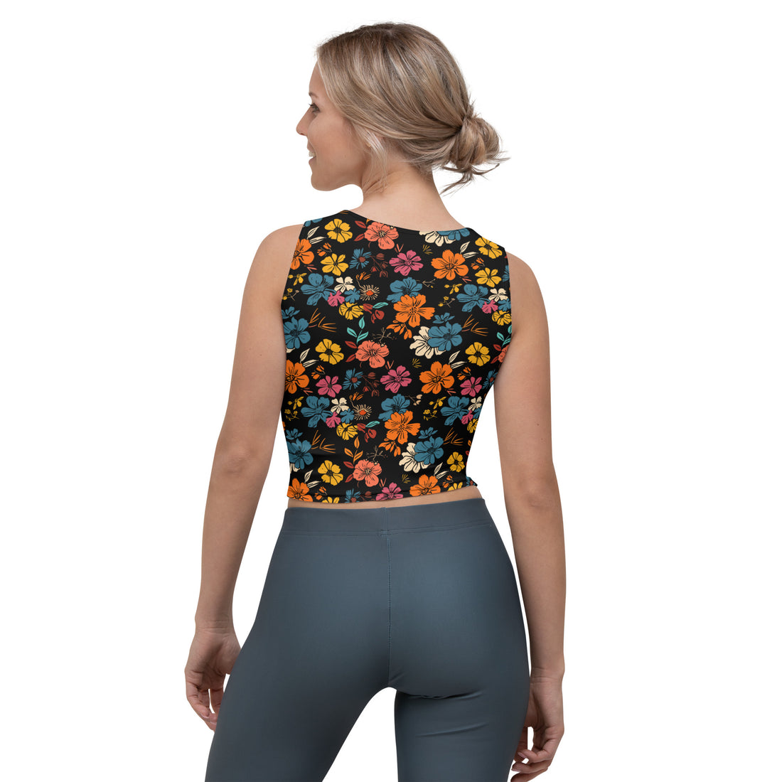 Vibrant black crop top with colorful orange, teal, and yellow floral design