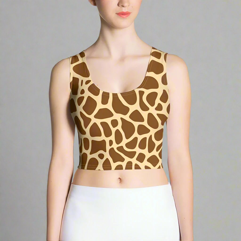 Giraffe print crop top in brown tones worn by a young woman.