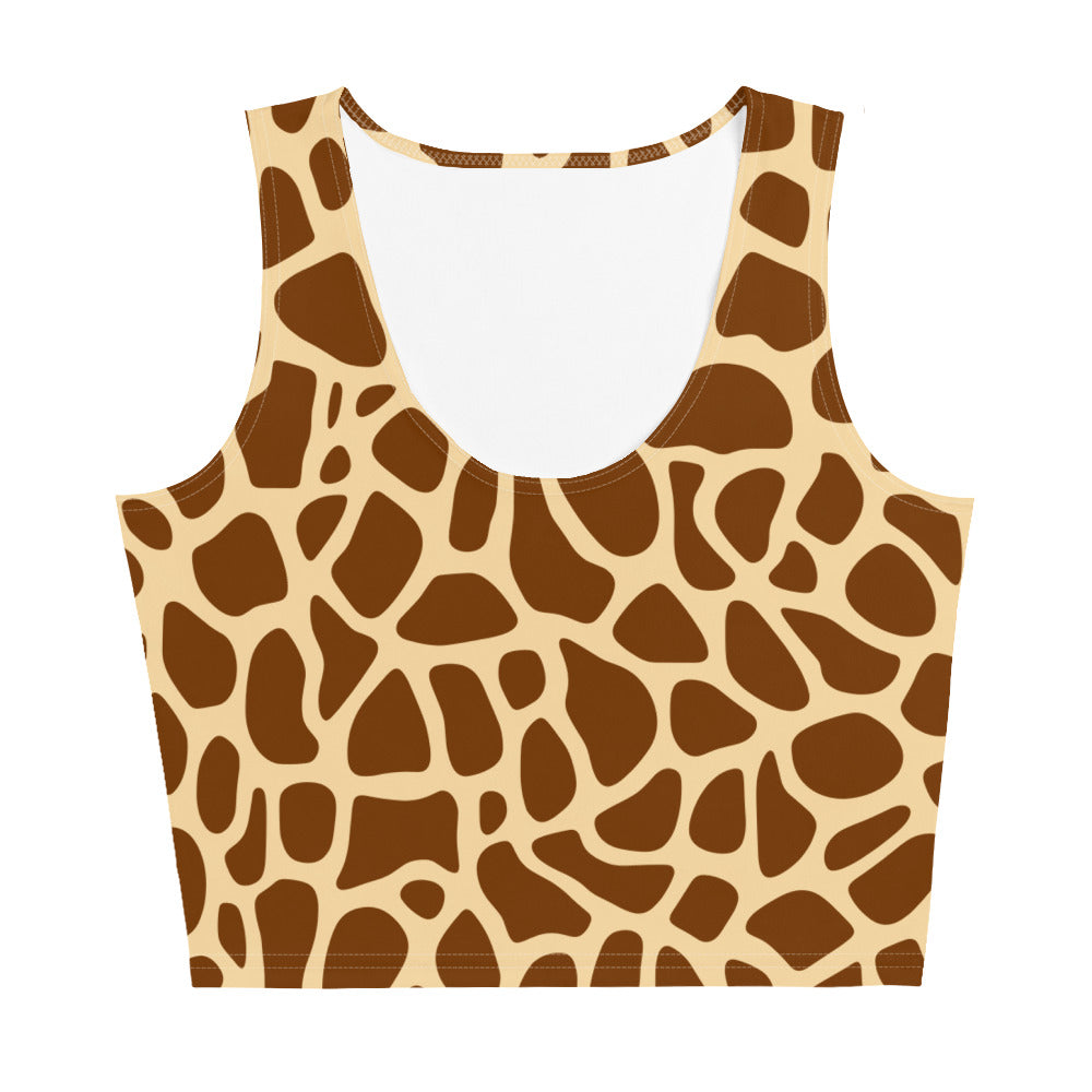 Giraffe print crop top in brown tones worn by a young woman.