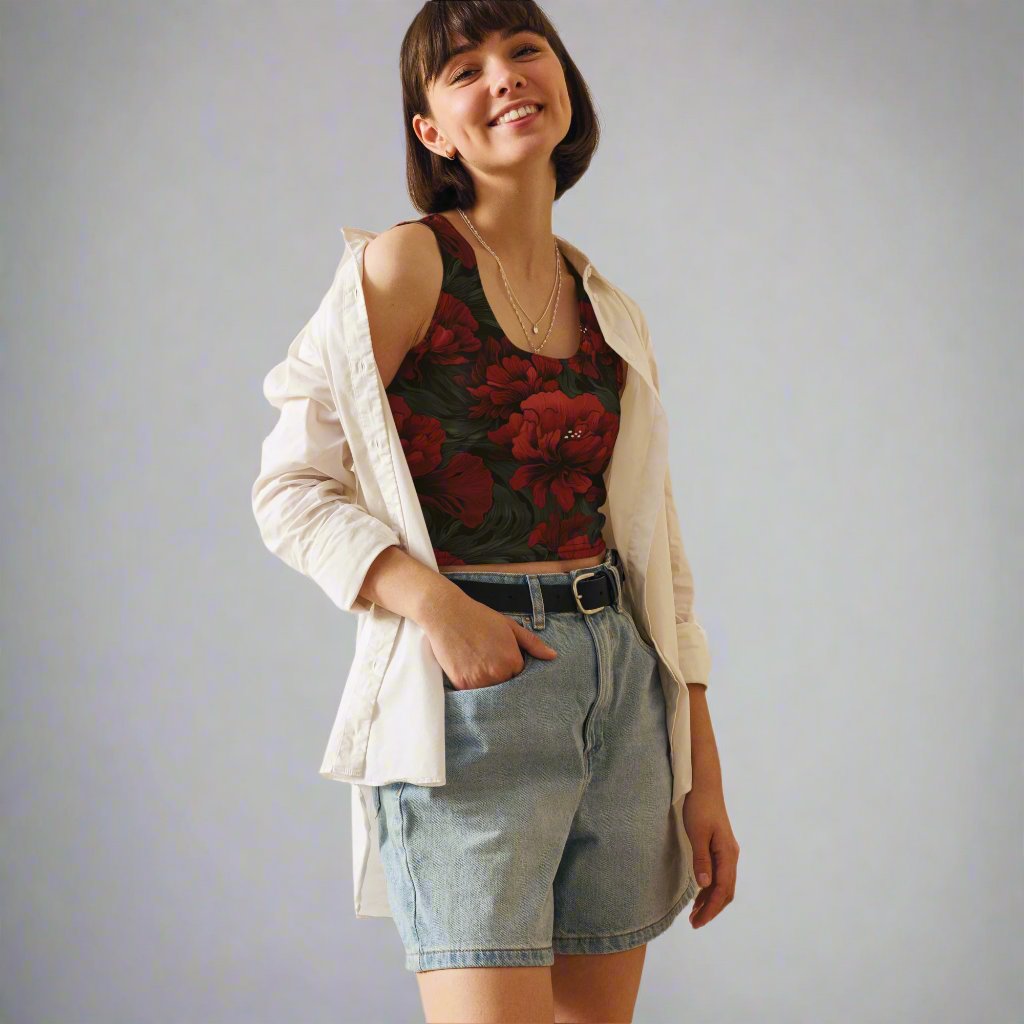 Floral print crop top featuring vibrant red flowers on a dark background, worn casually with denim shorts.