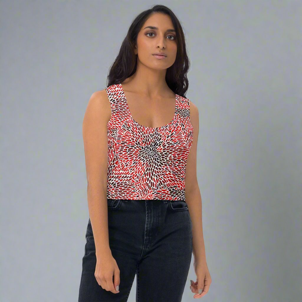 Bold floral printed crop top in red and black, featuring a stylish body-hugging design.