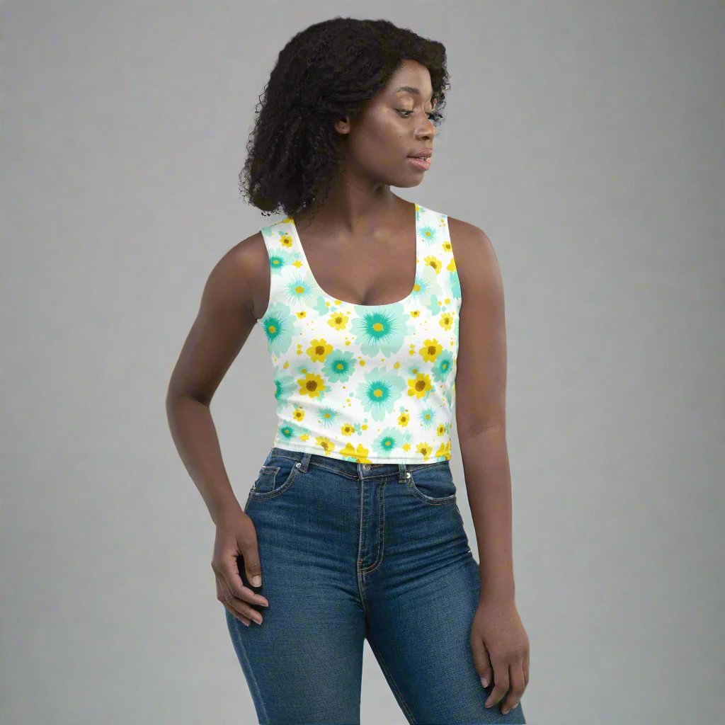 Model wearing a floral print body-hugging crop top with vibrant flowers in turquoise and yellow.