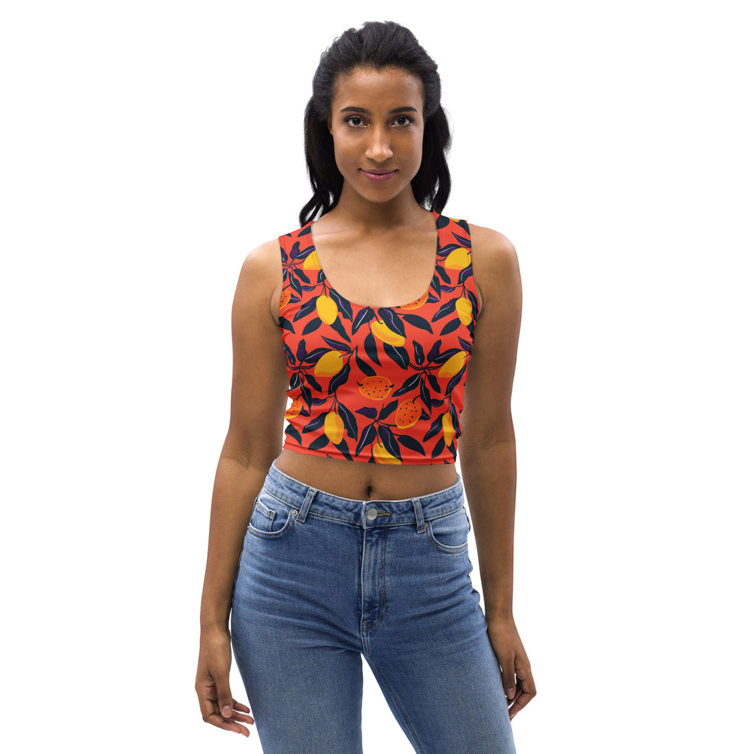 A vibrant floral crop top featuring bright red colors with a floral print of citrus fruits and leaves, perfect for trendy women.