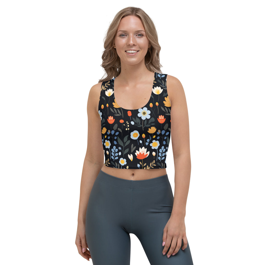 Crop top with vibrant winter floral design on a black background, featuring orange, white, and blue flowers, perfect for holiday fashion.