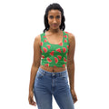 Woman wearing green crop top with vibrant watermelon print, body-hugging fit