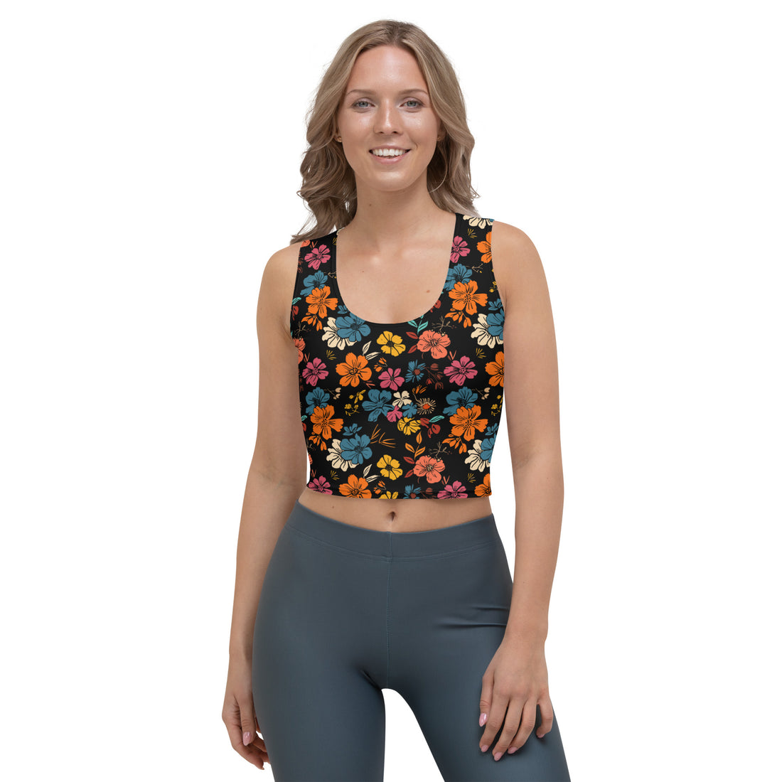 Vibrant black crop top with colorful orange, teal, and yellow floral design