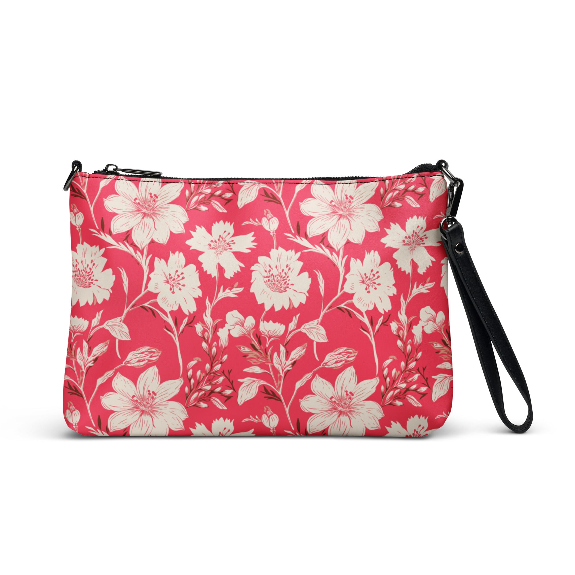 Floral Print Crossbody Bag in vibrant pink and cream colors with dark gray hardware and adjustable strap.