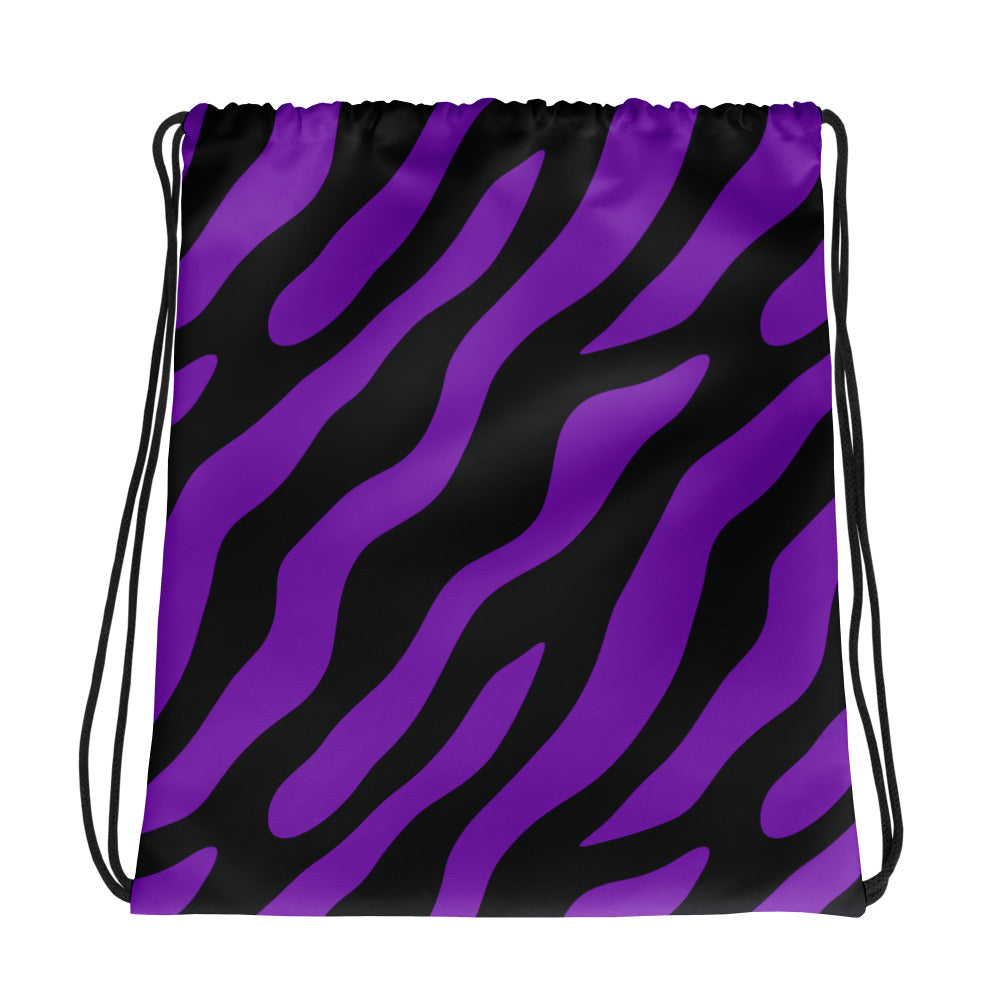 Vibrant purple zebra print drawstring bag with black background