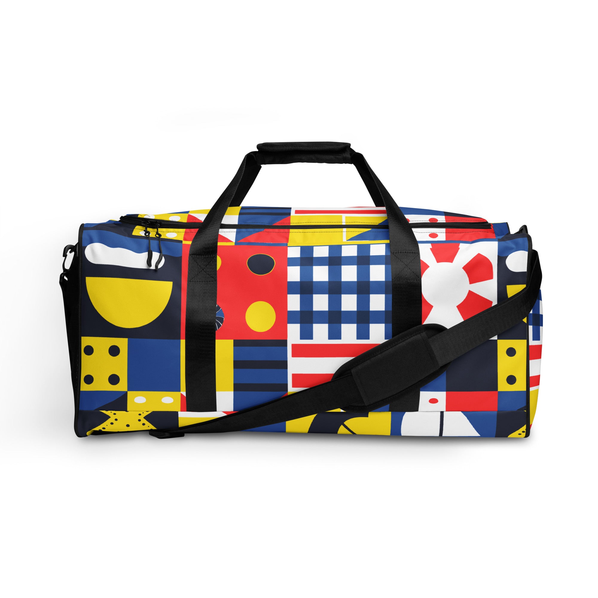 Vibrant patterned duffle bag featuring colorful geometric designs with adjustable strap.