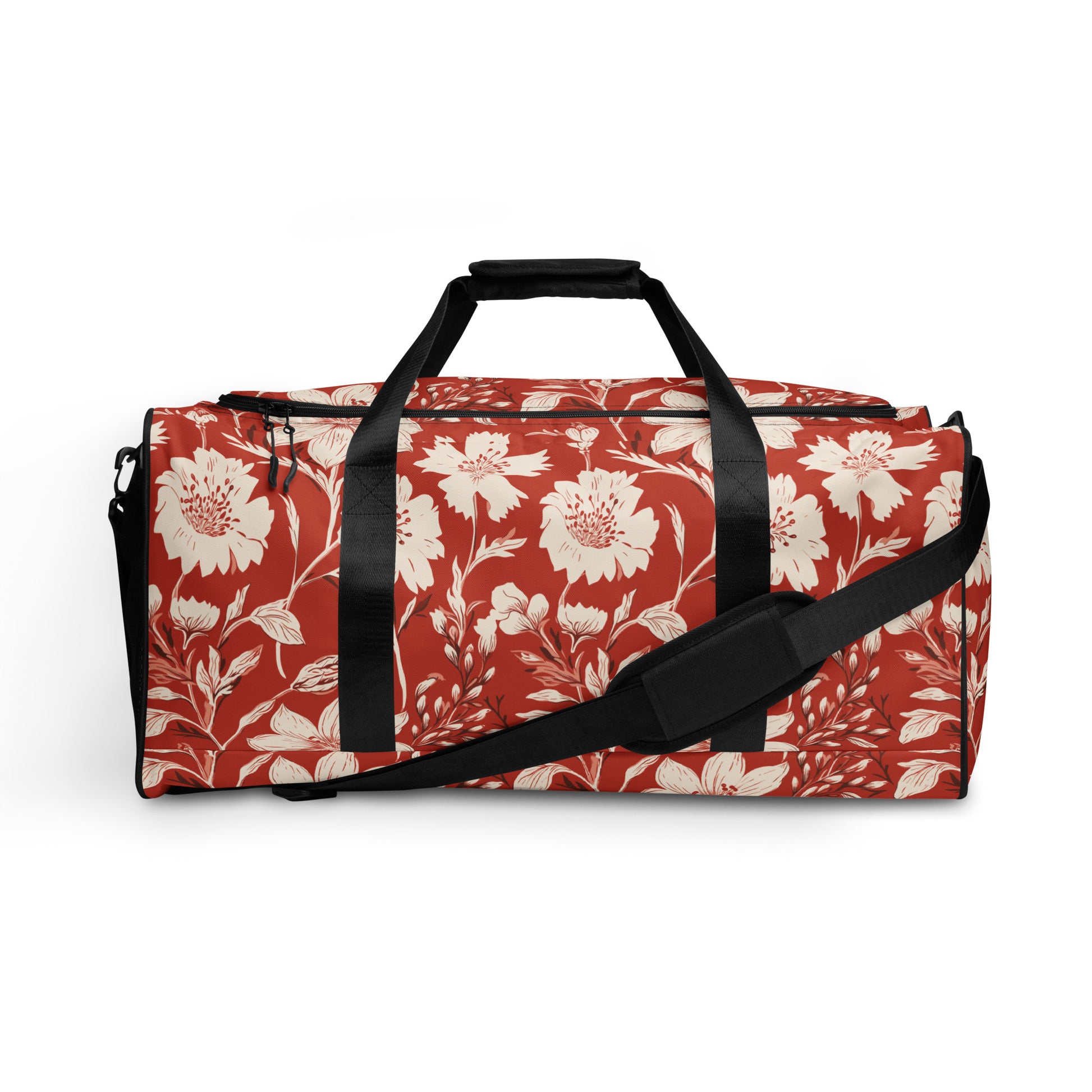 Floral print duffle bag in burnt orange with black straps, spacious design