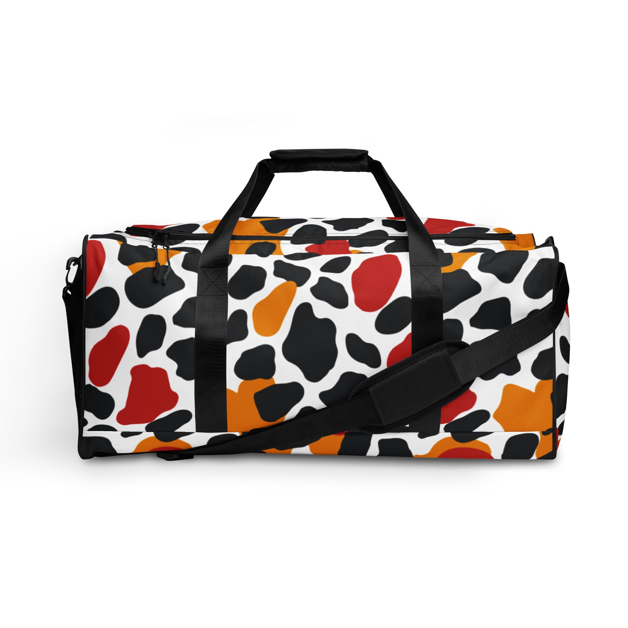 Stylish duffle bag with an abstract print in black, orange, red, and white colors, featuring dual handles and an adjustable strap.