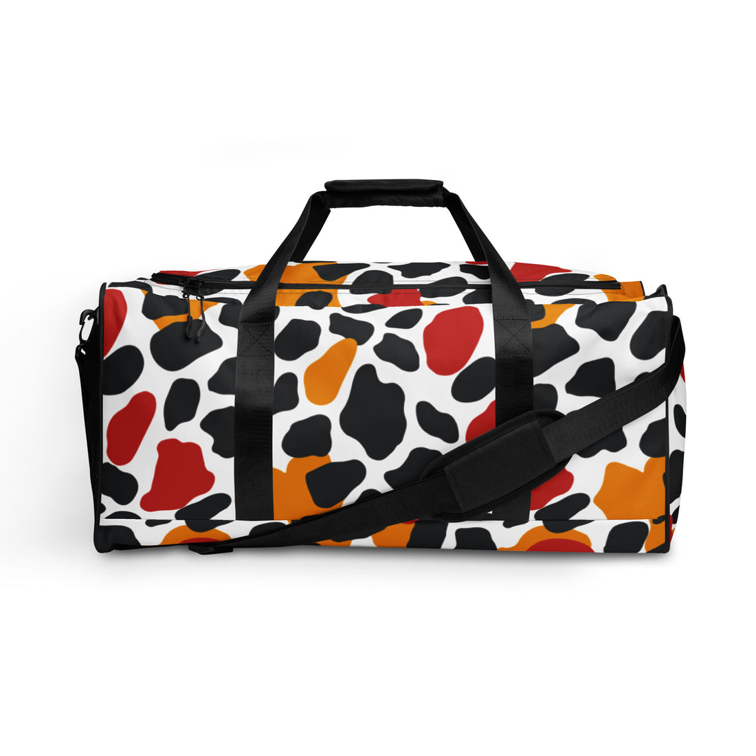 Stylish duffle bag with an abstract print in black, orange, red, and white colors, featuring dual handles and an adjustable strap.