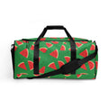 Watermelon print duffle bag with vibrant green background and red watermelon slices.