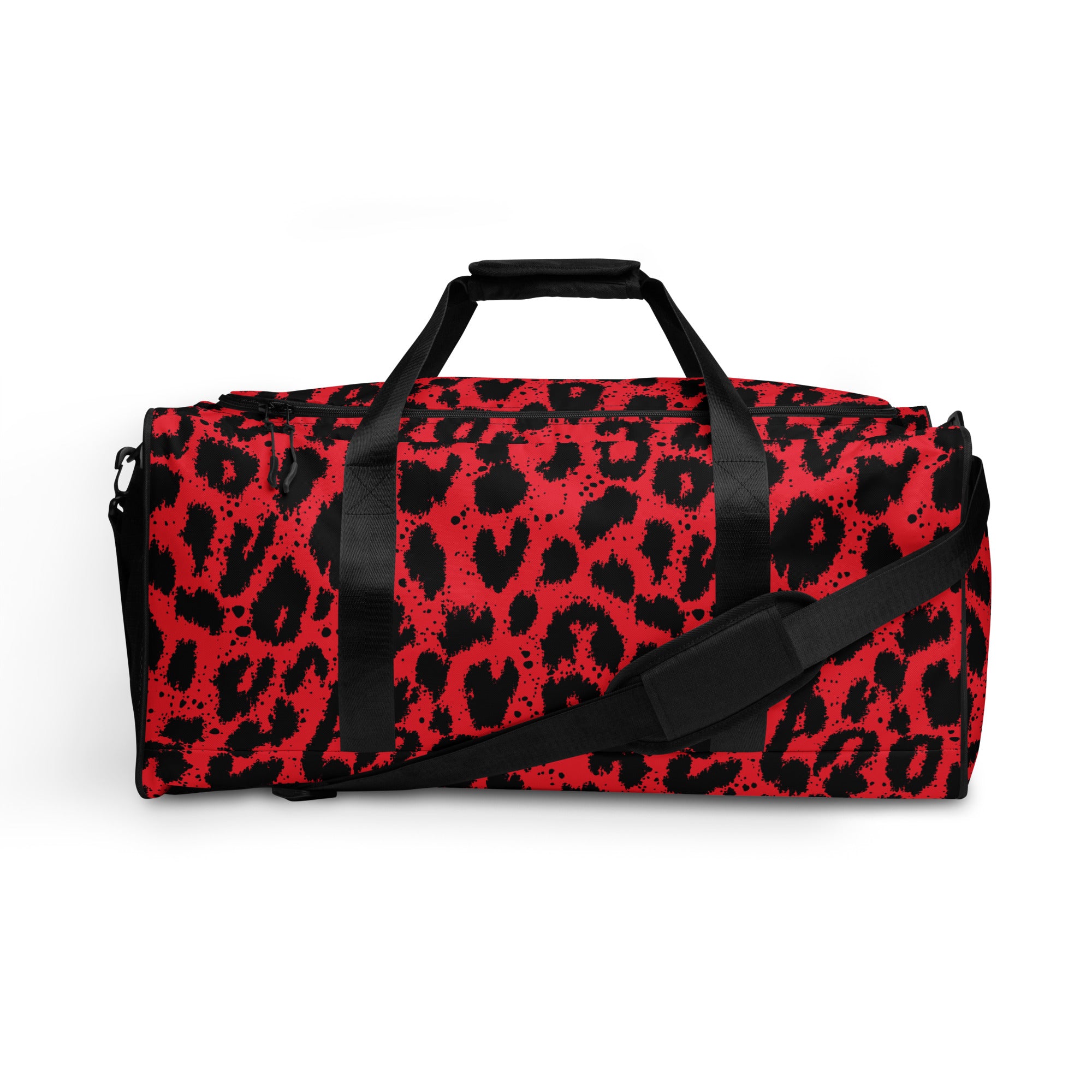 Bold red leopard print duffle bag with black straps and design.