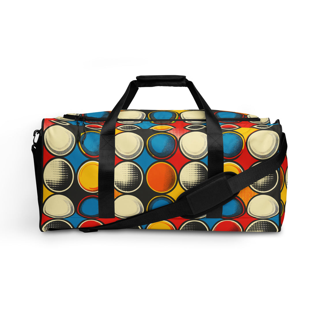 Vibrant patterned duffle bag featuring colorful circles on a black background.