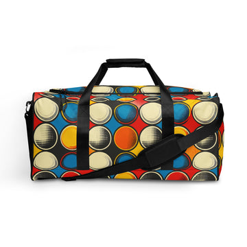 Vibrant patterned duffle bag featuring colorful circles on a black background.