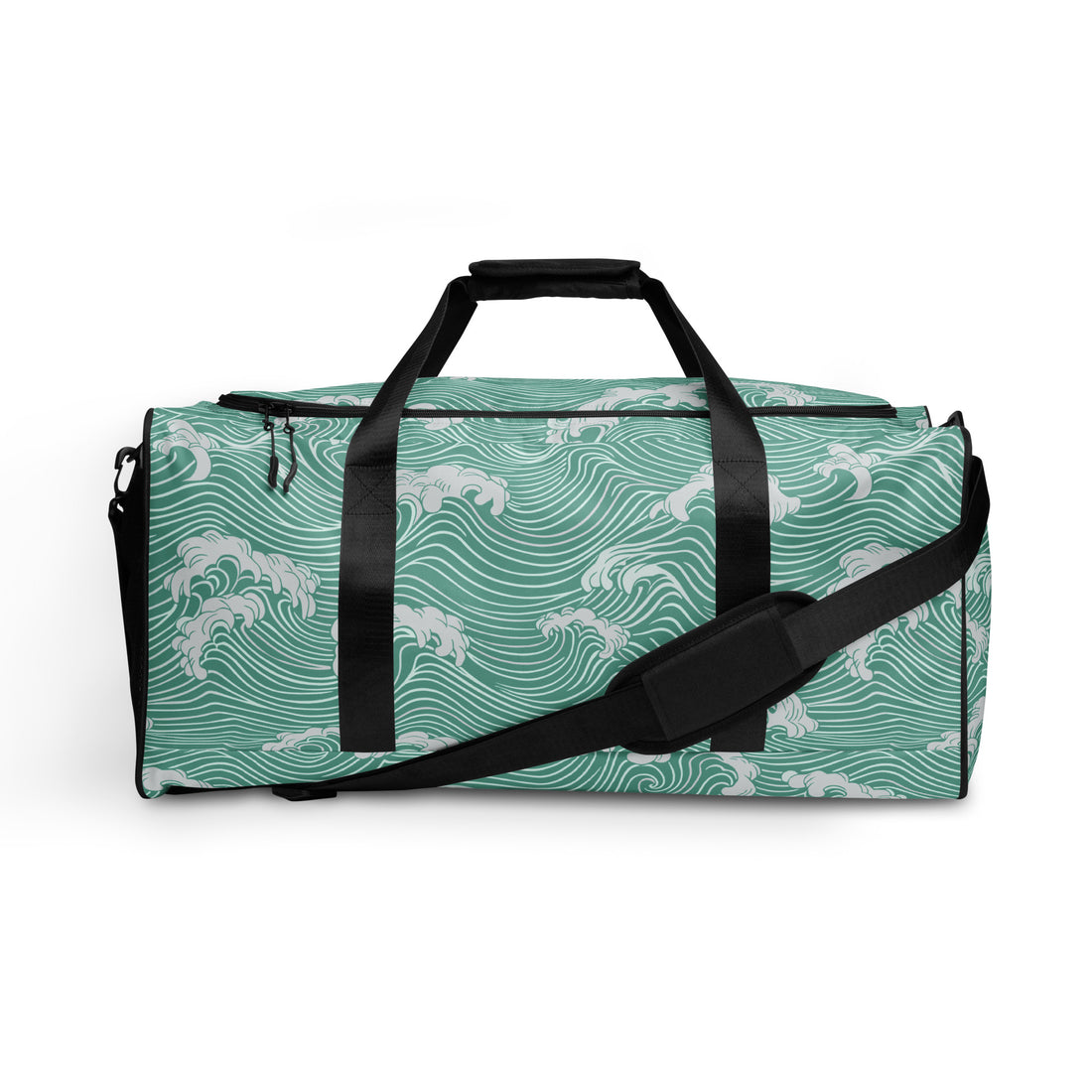 Ocean Waves Pattern Duffle Bag in teal with black straps, featuring wave designs.