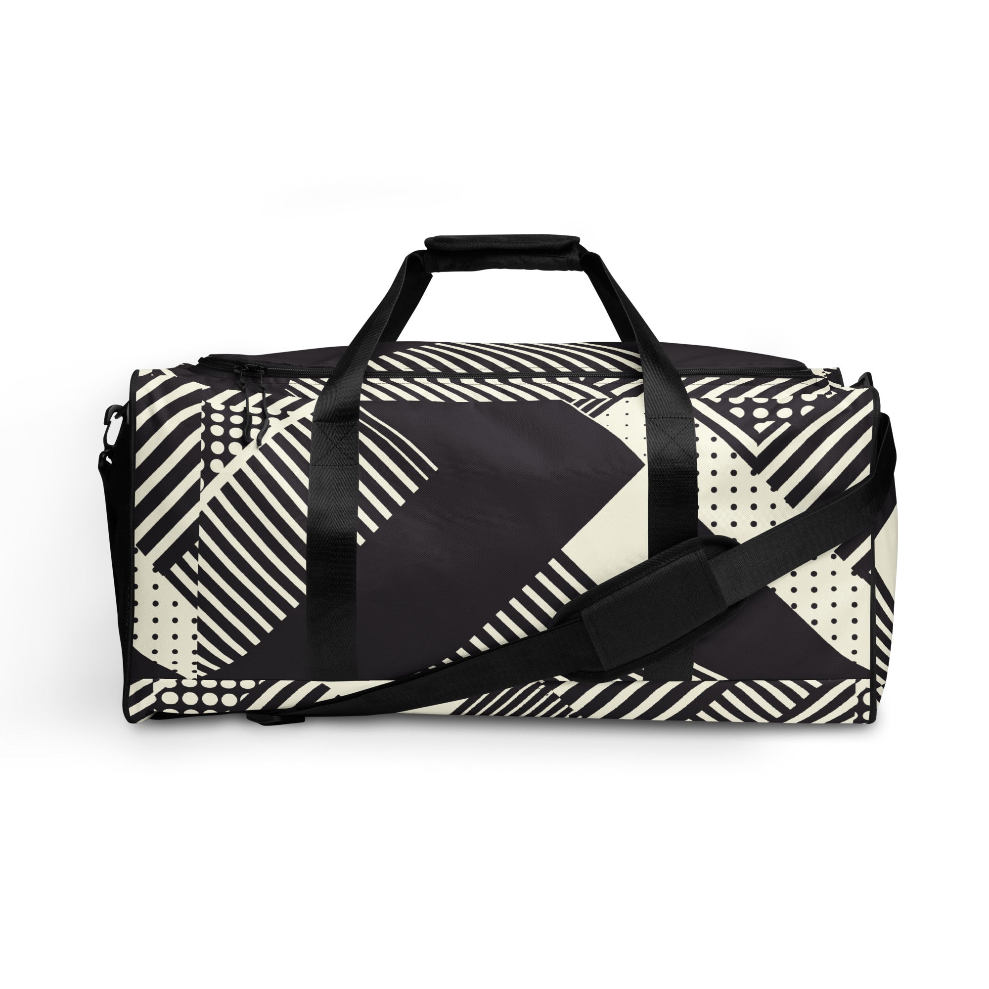 Geometric print duffle bag in black and cream, featuring adjustable strap and multiple pockets.