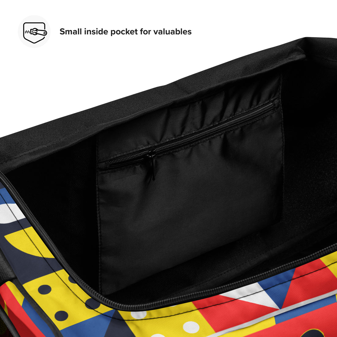 Vibrant patterned duffle bag featuring colorful geometric designs with adjustable strap.