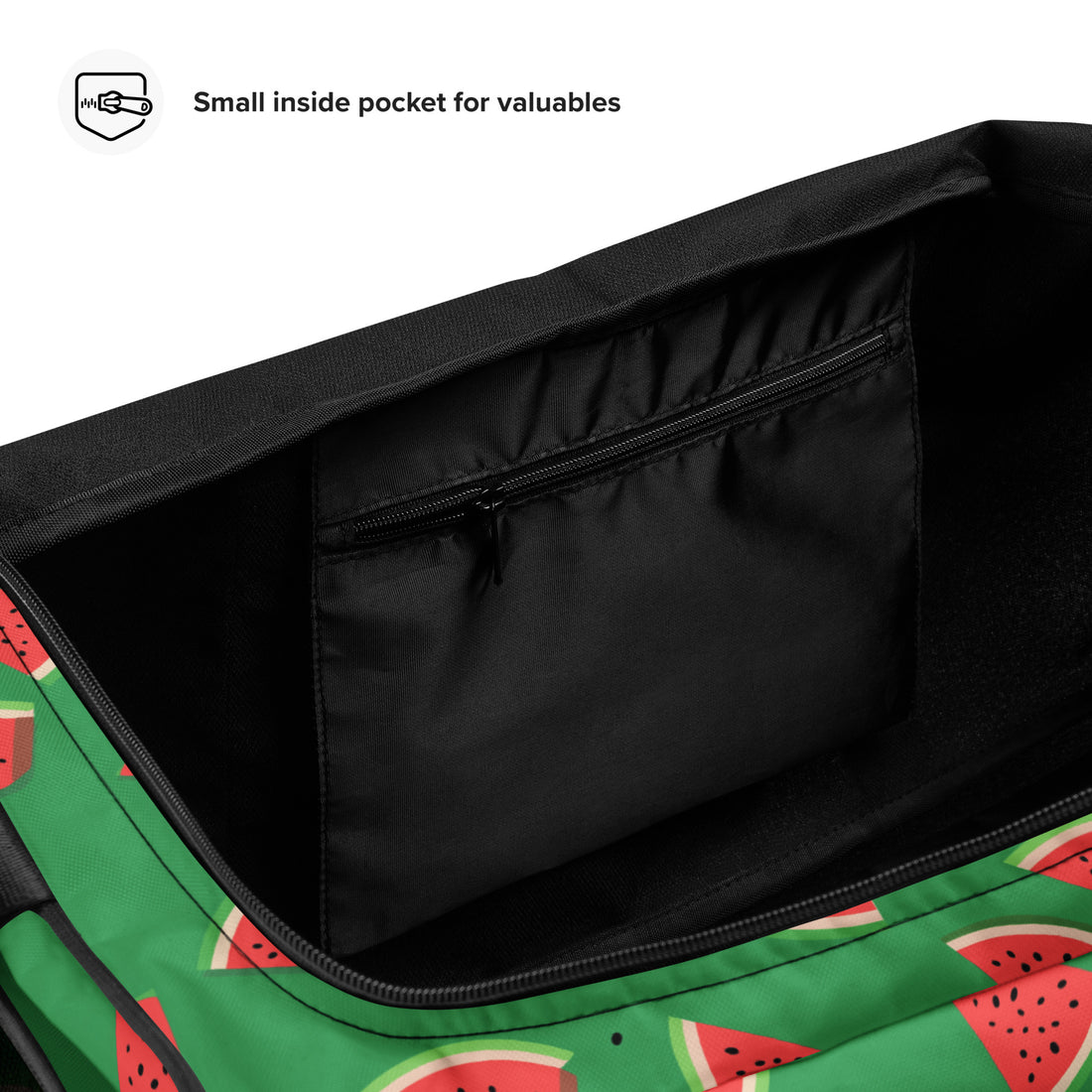 Watermelon print duffle bag with vibrant green background and red watermelon slices.