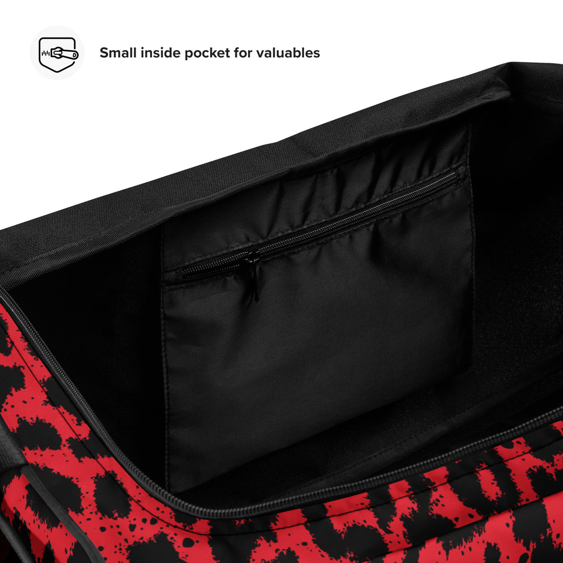 Bold red leopard print duffle bag with black straps and design.