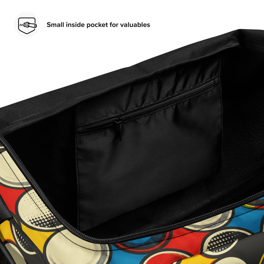 Vibrant patterned duffle bag featuring colorful circles on a black background.