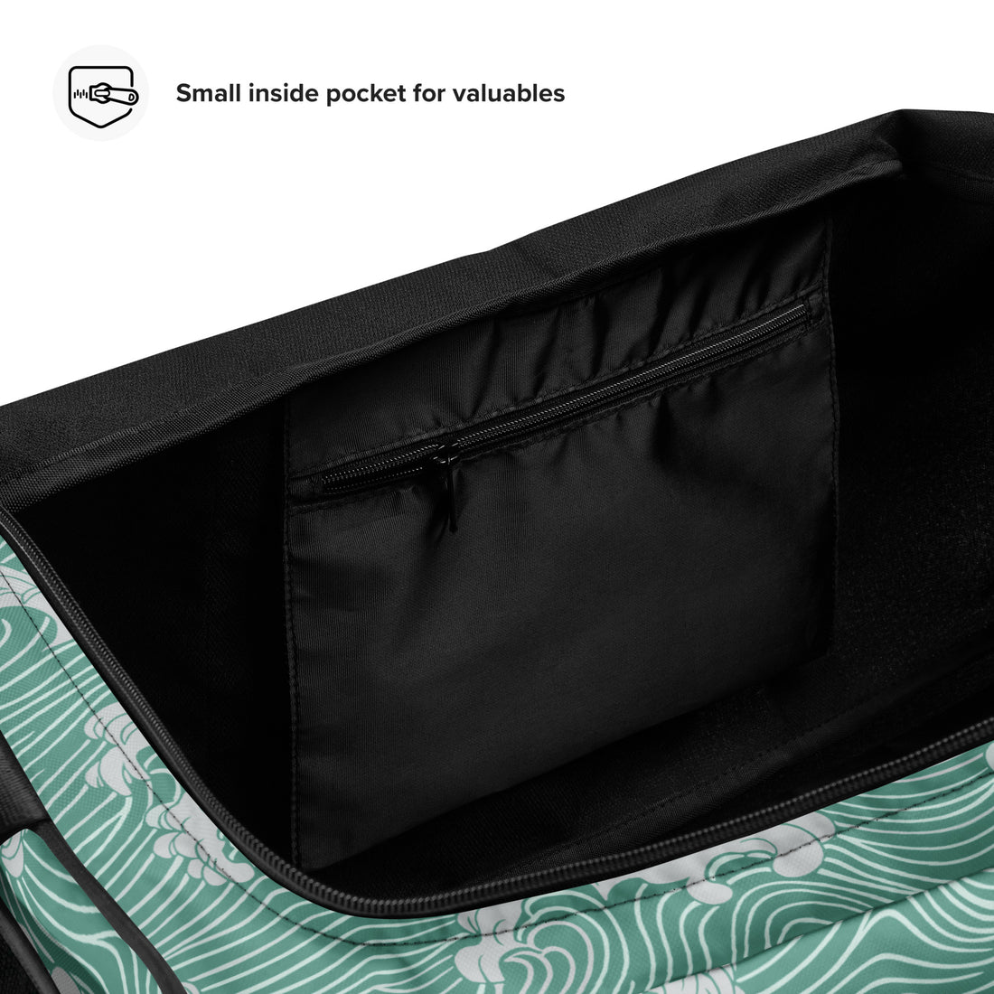 Ocean Waves Pattern Duffle Bag in teal with black straps, featuring wave designs.