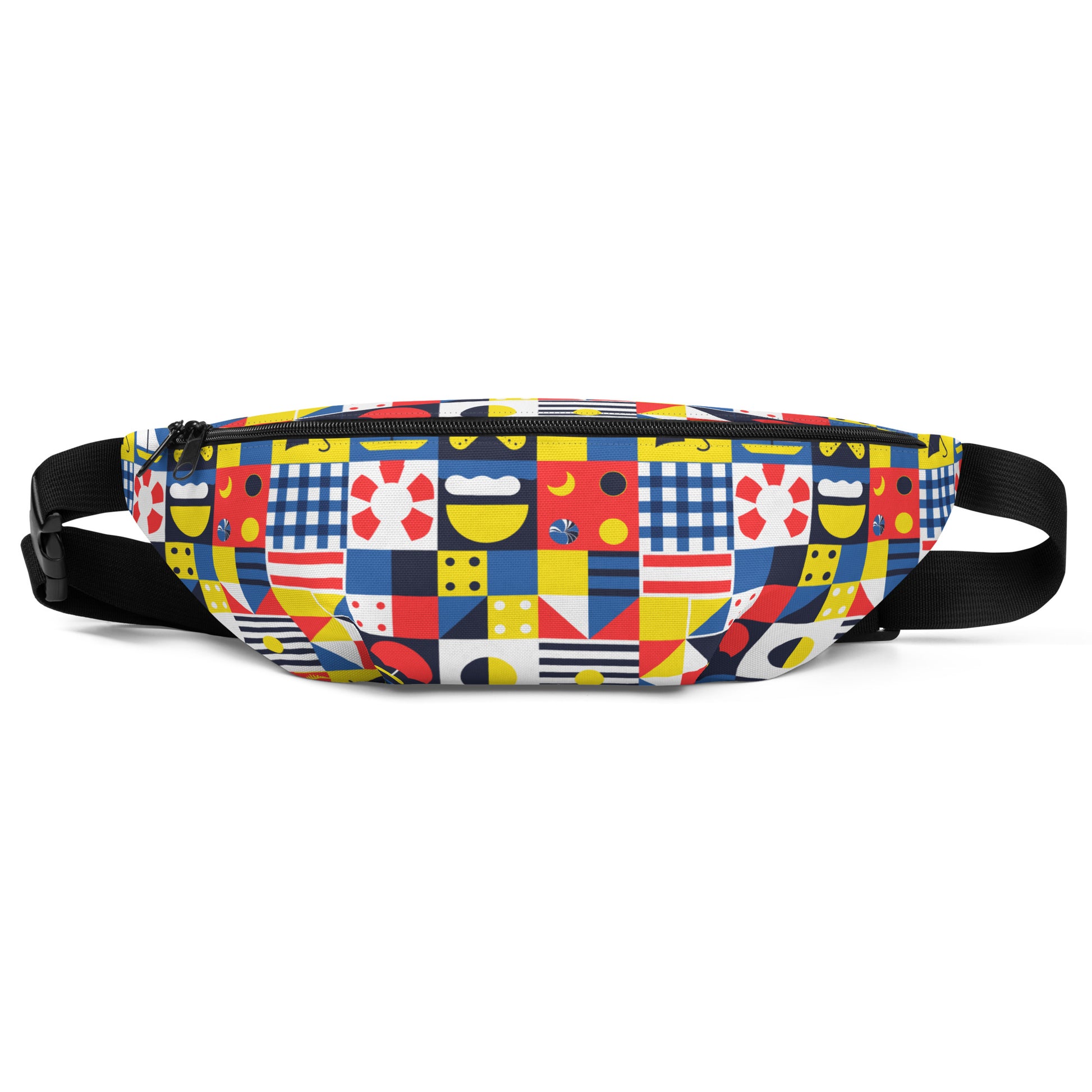 Colorful patterned fanny pack featuring vibrant shapes and colors