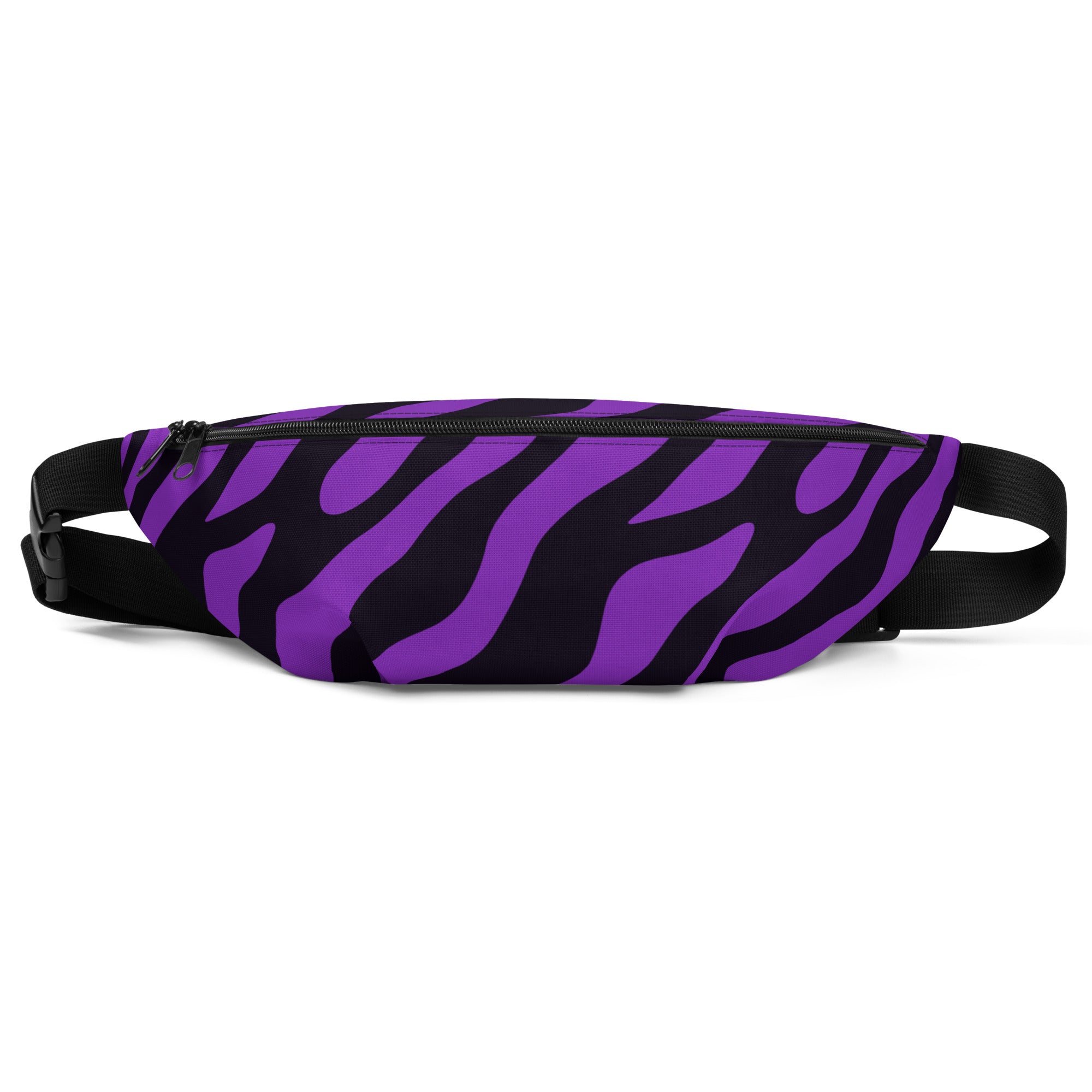 Fanny Pack in vibrant purple zebra print design, featuring adjustable straps and a top zipper.