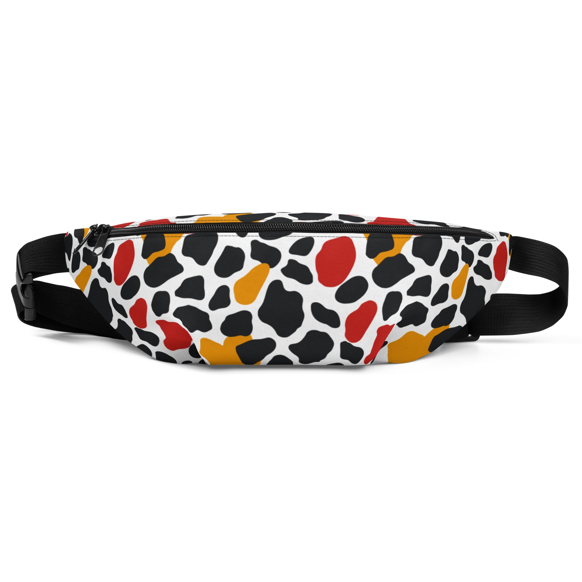 Chic fanny pack with abstract print in black, red, yellow, and white.