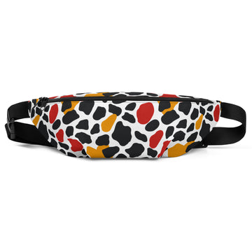 Chic fanny pack with abstract print in black, red, yellow, and white.