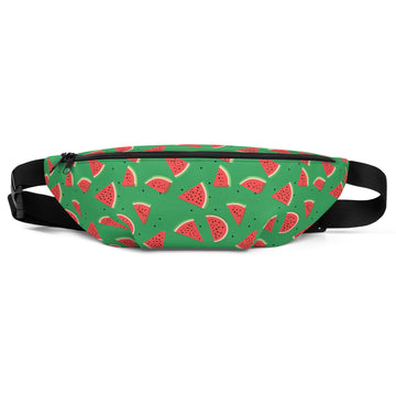 Watermelon print fanny pack featuring vibrant green background and colorful watermelon slices.