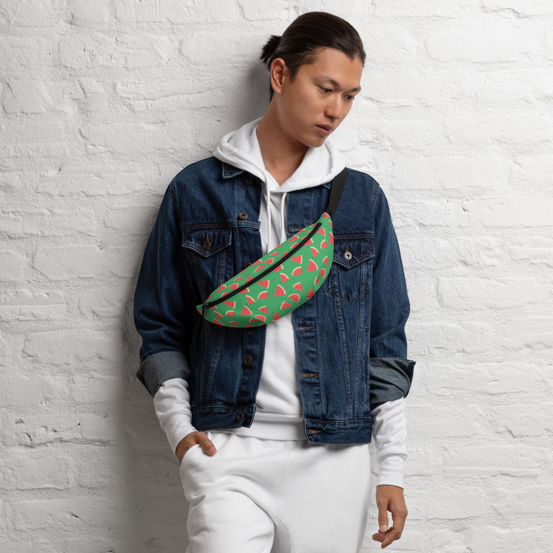 Watermelon print fanny pack featuring vibrant green background and colorful watermelon slices.