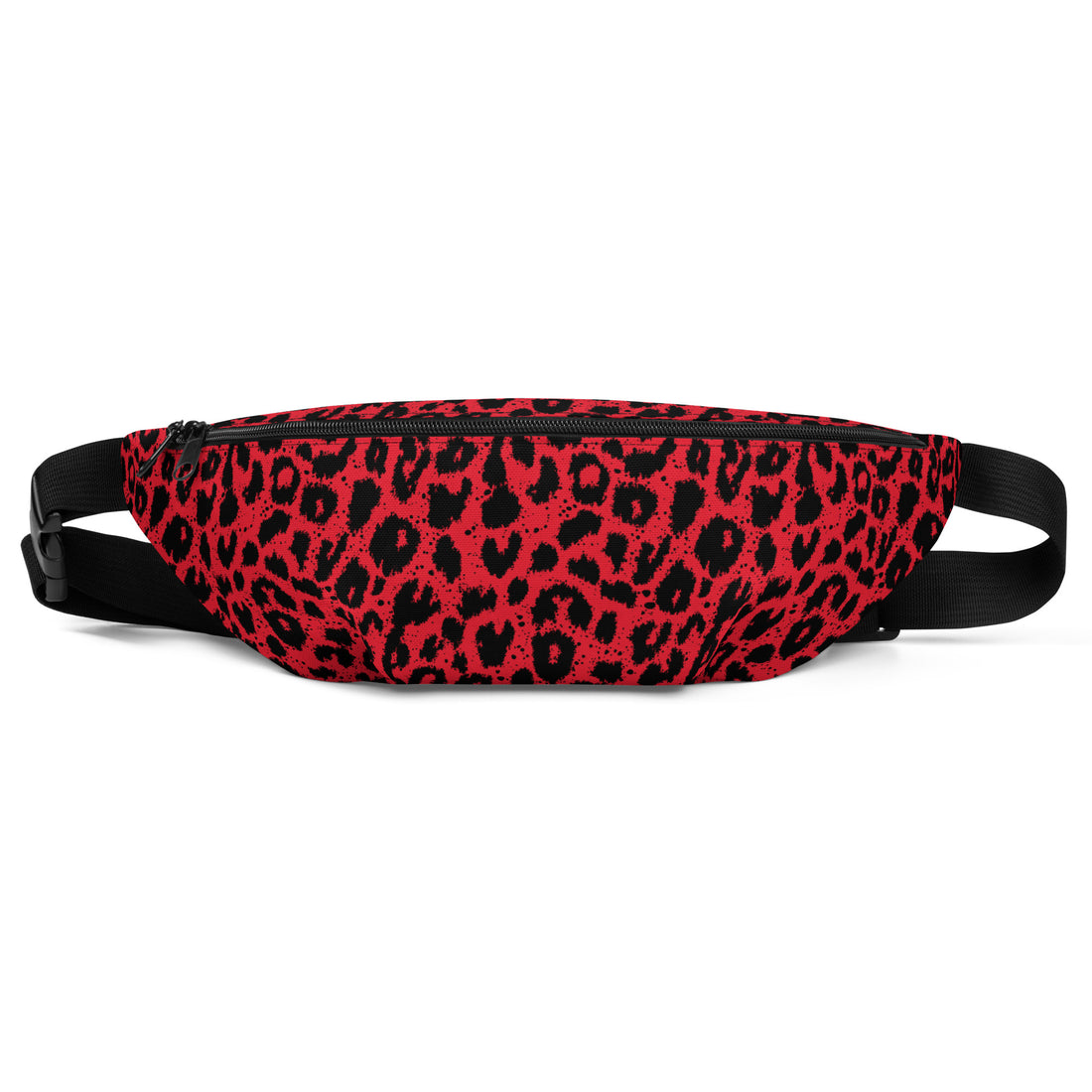 Stylish red leopard print fanny pack with black straps.