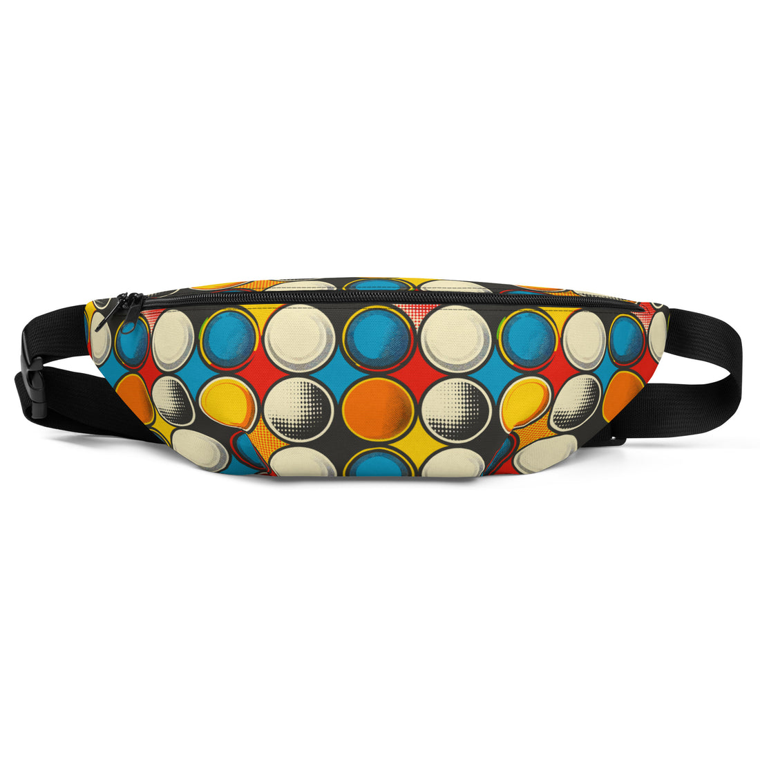 Colorful graphic fanny pack featuring a playful circle pattern in bright colors on a black background.