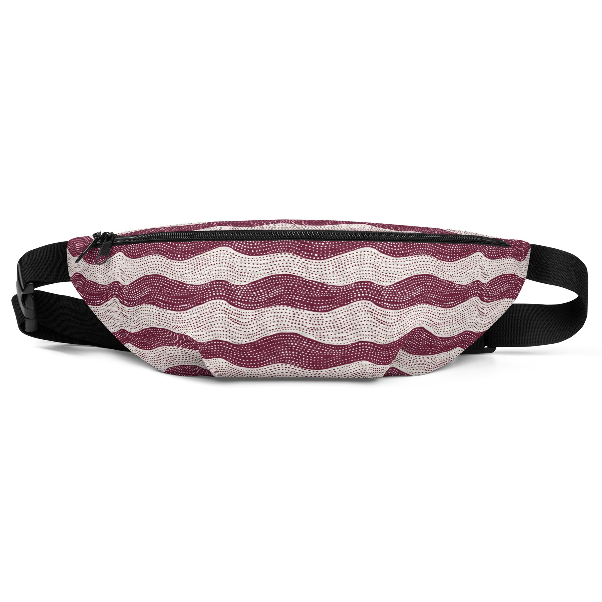 Stylish water-resistant fanny pack with a unique wave design in burgundy and cream.